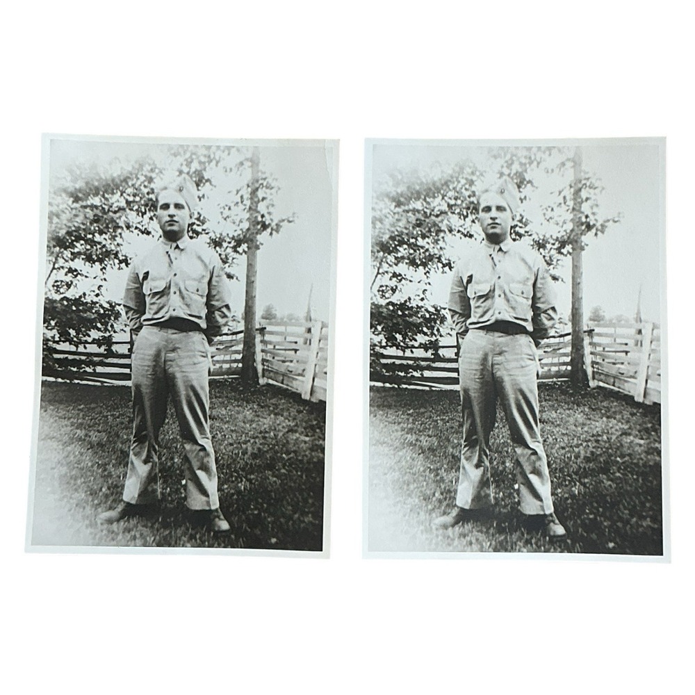WWII Era Soldier Photograph 2 Identical Vintage Black White Military‎ Photos